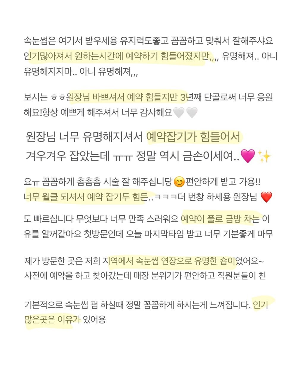 예전 운영 샵 고객 후기 - 예약 잡기 어려울 정도로 인기가 많았고 유지력과 꼼꼼함에 만족했다는 내용